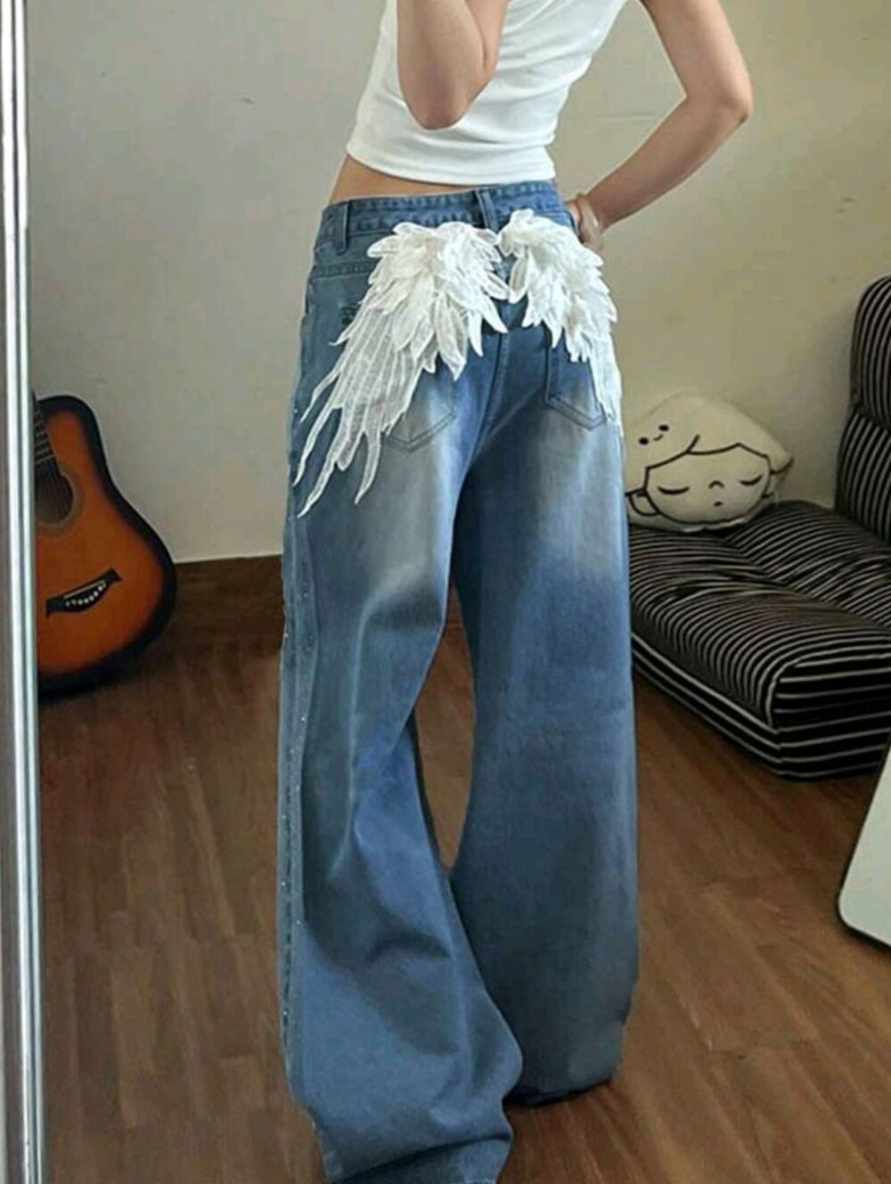 Women's 3D Angel Wing Decor Washed Denim Jeans Cute Tops